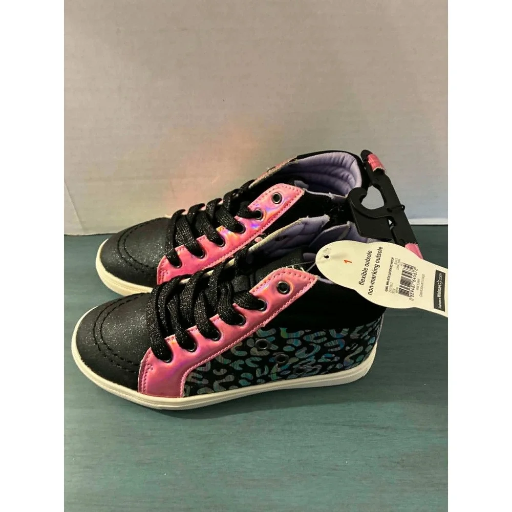 Wonder Nation High Top Sneakers Girls Size 1 Black Pink Leopard Lace Up New